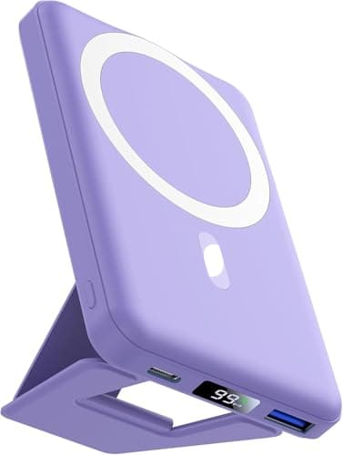 AOGUERBE Magnetic Power Bank, 10000mAh Foldable Wireless Portable Charger with USB-C Cable LED Display for iPhone 15/14/13/12 Pro/Pro Max/Plus/Mini (Violet) - Image 1
