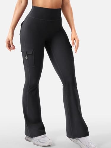 YEOREO CoreFlex Women Workout Flare Leggings with Pockets Hidden Scrunch High Waisted Cargo Gym Yoga No Front Seam Leggings Black L - Image 4