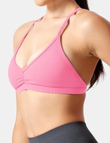 YEOREO Workout Sports Bras for Women Padded Strappy Open Back Gym Bra Light Impact Criss Cross Yoga Crop Top Candy Powder S - Image 8