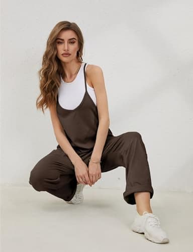 Lentta Women's Causal Jumpsuits V Neck Sleeveless Harem Overalls Stretchy Adjustable Strap Romper with Pockets(Coffee-L) - Image 7