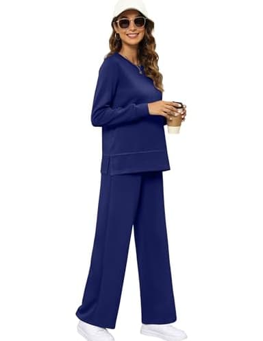 XIEERDUO Women Two Piece Outfits 2 PC Lounge Sets Fall Long Sleeve Travel Tracksuit Winter Track Suit Airport Loungewear Vacation Sweatsuit Wide Leg Sweatpants Matching Set Navy L - Image 2