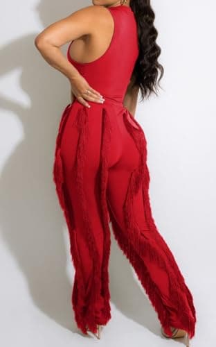 EDITCOZY Women Sexy Two Piece Outfits Fringe Pants Set Tassel Club 2 Piece Sets Going Out Birthday Party Night Red L - Image 3