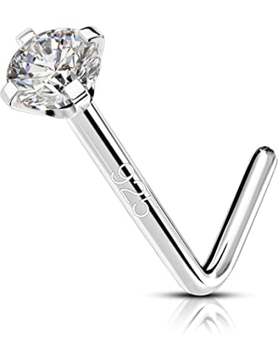 OUFER 925 Sterling Silver Nose Stud, Bone L Screw Shaped Nose Rings, 20G Nostril Solid 2mm Round CZ Nose Piercing Jewelry for Women Men - Image 1