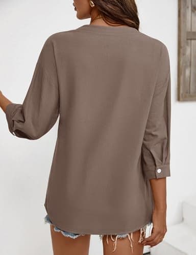 LOMON 3/4 Sleeve Womens Tops V Neck Button Down Shirts Casual Loose 3/4 Length Sleeve Blouse Dark Grey Brown XXL - Image 6