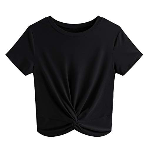 JINKESI Women's Summer Causal Short Sleeve Blouse Round Neck Crop Tops Twist Front Tee T-Shirt Black-Small - Image 1