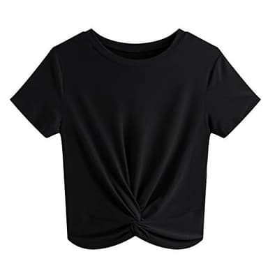 JINKESI Women's Summer Causal Short Sleeve Blouse Round Neck Crop Tops Twist Front Tee T-Shirt Black-Small - Image 1