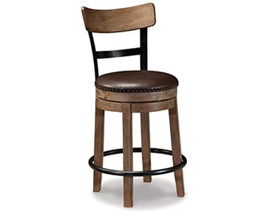 Signature Design by Ashley Pinnadel |24.25" Counter-Height Swivel Bar Stool – Modern Farmhouse, Faux Leather, 360° Swivel, Nailhead Trim, Rustic Light Brown - Image 1