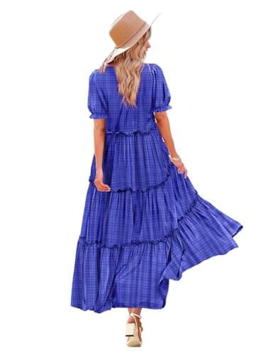 YESNO Summer Casual Bohemian Floral Dresses for Women Puff Short Sleeve Long Maxi Dress with Pockets (3XL ETX Solid C Royal Blue) - Image 1
