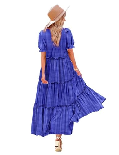 YESNO Summer Casual Bohemian Floral Dresses for Women Puff Short Sleeve Long Maxi Dress with Pockets (3XL ETX Solid C Royal Blue) - Image 1