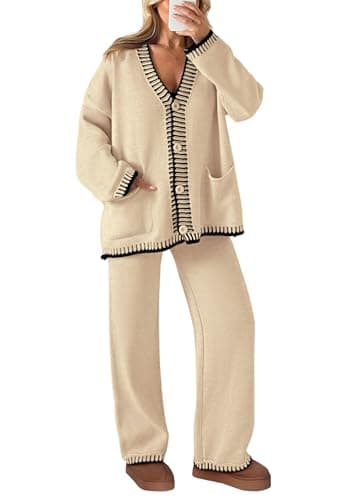 PRETTYGARDEN Lounge Sets for Women Fall 2025 Loungewear 2 Piece Outfits Cardigan Sweaters Track Suit Matching Winter Clothing (Beige,Small) - Image 1