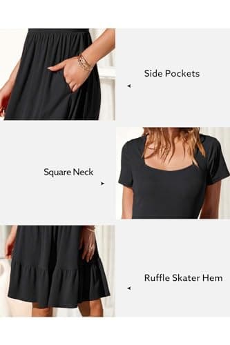 Newshows Summer Dresses for Women 2024 Short Sleeve Square Neck Babydoll Dresses Casual Beach Vacation Outfits Aline Ruffle Flowy Sundress Trendy with Pockets(Black,L) - Image 6