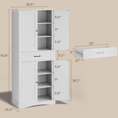Gizoon 71'' Kitchen Pantry Storage Cabinet, Freestanding Pantry Organizers and Storage Cabinet with 4 Doors and 4 Adjustable Shelves, Tall Cabinet with Large Drawer for Kitchen, Living Room, Bathroom - Image 2
