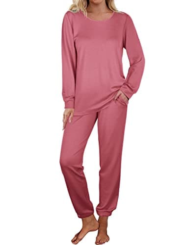 Aloodor Lounge Sets for Women Round Neck Cute Pajamas Sets Loungewear with Pocket Pink S - Image 2