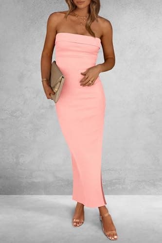 PRETTYGARDEN Women's Summer Bodycon Maxi Tube Dress Ribbed Strapless Side Slit Long Going Out Casual Elegant Party Dresses (Pink,Small) - Image 7