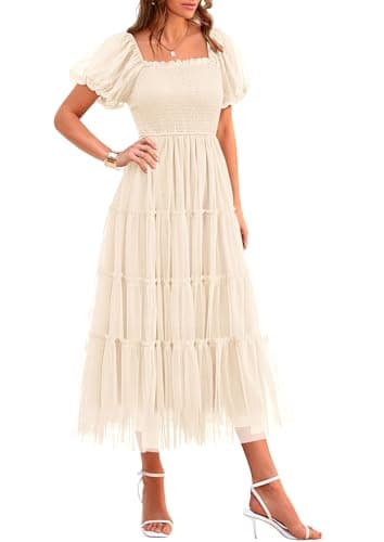 PRETTYGARDEN Women's Smocked Midi Tulle Dress 2025 Summer Puffy Short Sleeve Square Neck Ruffle Wedding Guest Party Dresses (Beige,Small) - Image 1