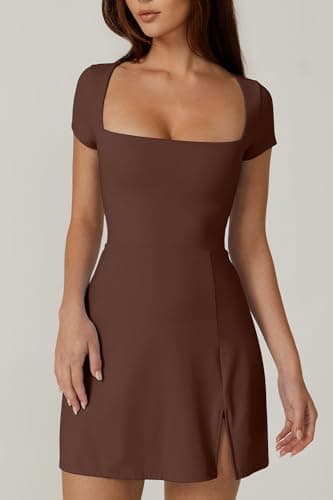 QINSEN Short Sleeve Athletic Dress for Women High Waist Side Slit Tennis Dress Built in Shorts Golf Active Dress Chestnut M - Image 5
