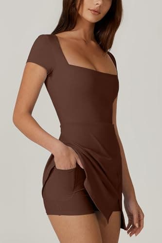 QINSEN Short Sleeve Athletic Dress for Women High Waist Side Slit Tennis Dress Built in Shorts Golf Active Dress Chestnut M - Image 3