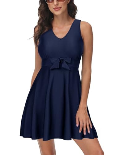 Kate Kasin Women's Two Piece Swimsuits Bathing Suits Tummy Control Back Cross Flowy Swimdress with Boyshorts Swimwear Navy - Image 1
