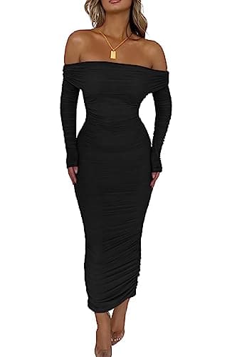 PRETTYGARDEN Women's Fall Off Shoulder Maxi Bodycon Dress Long Sleeve Ruched Fitted Club Dresses with Slit (Black,Small) - Image 1
