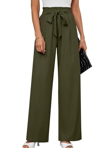 Heymoments Women's Wide Leg Lounge Pants with Pockets Dark Green Stripe Large Lightweight High Waisted Adjustable Tie Knot Loose Comfy Casual Trousers - Image 1