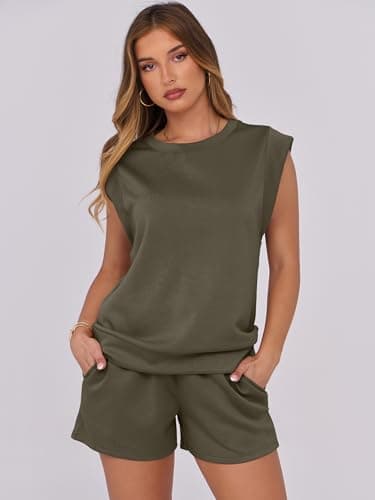 ANRABESS Two Piece Sets for Women 2025 Summer Short Lounge Set Casual Beach Vacation Outfits Spring Sweatsuits Tracksuit Army Green Medium - Image 3
