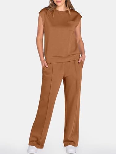 ANRABESS Two Piece Sets for Women Summer Sleeveless Sweatsuits Wide Leg Casual Lounge Set Matching Vacation Travel Outfits Medium - Image 2