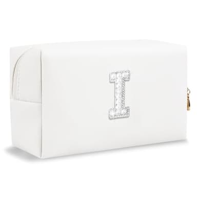 Bride Gifts – Personalized Initial Makeup Bag with Pearl Rhinestone Patch, Preppy White Monogram Cosmetic/Toiletry Pouch, bridesmaid Gifts, Bridal Shower Gifts, Wedding Gifts, Bridal Gifts,I - Image 1