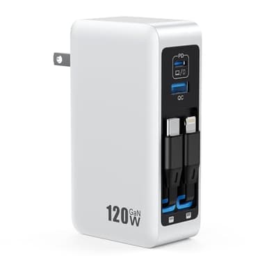 120W USB C Charger Block with 2 Built-in Retractable Cables,4-in-1 GaN IV Foldable Plug Wall Charger Fast Charging Station,PD 65W Laptop Adapter for MacBook/iPad,iPhone 16/15/14,Android (White) - Image 1