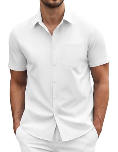 COOFANDY Mens Casual Dress Shirt Short Sleeve Business Attire Regular Fit Polyester Wrinkle Free Button Down Shirts with Pocket White Large - Image 1