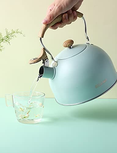 Tea Kettle, BELANKO 85 OZ / 2.5 Liter Whistling Tea Kettle, Tea Pots for Stove Top Food Grade Stainless Steel with Wood Pattern Folding Handle, Loud Whistle Kettle for Tea, Coffee, Milk - Turquoise - Image 7