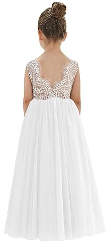 2Bunnies Girl Peony Lace Back A-Line Straight Tutu Tulle Party Flower Girl Dress (White Sleeveless Maxi, 7/8) - Image 1