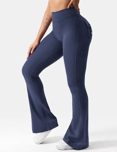 YEOREO CoreFlex Flare Leggings with Pockets for Women Scrunch Workout Leggings Butt Lifting Gym Yoga Pants Navy Blue - Image 4
