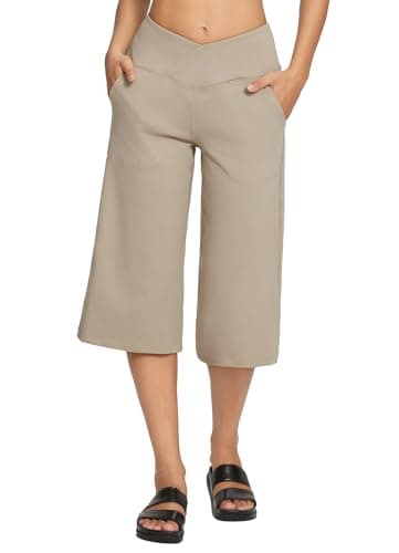 baleaf Women's Wide Leg Yoga Capris Pants with Pockets Crossover Waist Loose Plus Size Cropped Pants Casual Summer Khaki XXL - Image 1