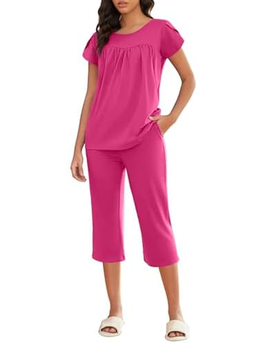 Ekouaer Capri Cotton Pajama Sets Short Sleeve Pleated Top and Pants 2 Piece Pjs Sleepwear with Pockets for Women Rose Red L - Image 1