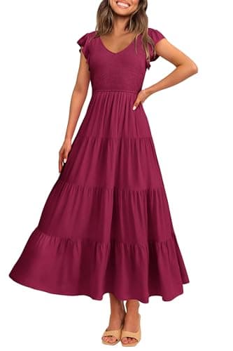 PRETTYGARDEN Women's Summer Flowy Maxi Dress Casual Cap Sleeve V Neck Smocked Beach Sundress (Solid Wine Red,Large) - Image 1