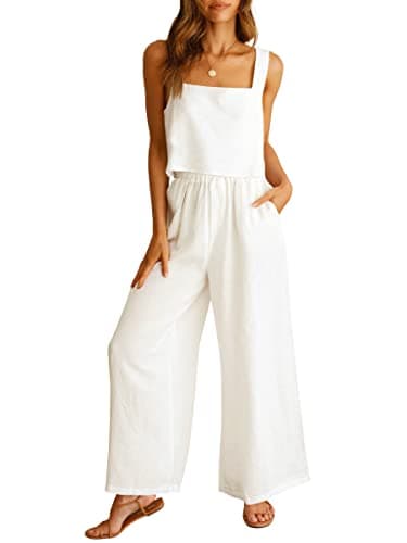 ANRABESS Women's 2 Piece Outfits Linen Pants Jumpsuit Matching Lounge Set Casual Summer Beach Vacation Trendy Clothes White Small - Image 1