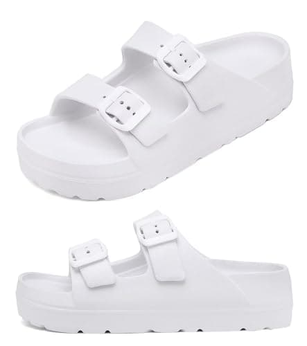 Women's White Platform Sandals with Arch Support, Adjustable Two Strap Thick Soles Sandal, Comfort Lightweight Slides Beach Home and Street - Image 1