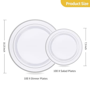 Goodluck 200PCS Silver Plastic Plates, Heavy Duty Disposable Gold Plates with 100 10.25 inch Dinner Plates and 100 7.5 inch Dessert Plates, Disposable Plates for Party, Holiday, Wedding, Christmas - Image 4