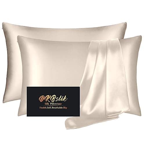 Silk Pillowcase 2 Pack, Mulberry Silk Pillow Cases Queen Size Set of 2, Anti Acne Silk Pillowcase for Hair and Skin, Natural Silk Satin Pillowcases Gifts for Women Men 2 Pack with Zipper, Beige - Image 1