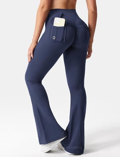 YEOREO CoreFlex Flare Leggings with Pockets for Women Scrunch Workout Leggings Butt Lifting Gym Yoga Pants Navy Blue - Image 2