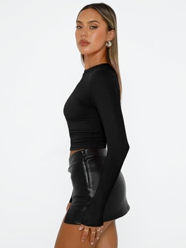 AUTOMET Womens Long Sleeve T-Shirts Trendy Basic Fitted Compression Going Out Crop Tops Fall Fashion Y2K Clothes 2025 Outfits Black S - Image 3