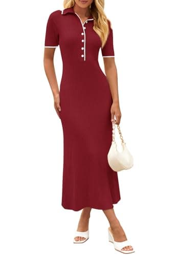MEROKEETY Women's V Neck Ribbed Knit Maxi Dress Button Short Sleeve Slim Fit Bodycon Sweater Dress, Wine, Medium - Image 1