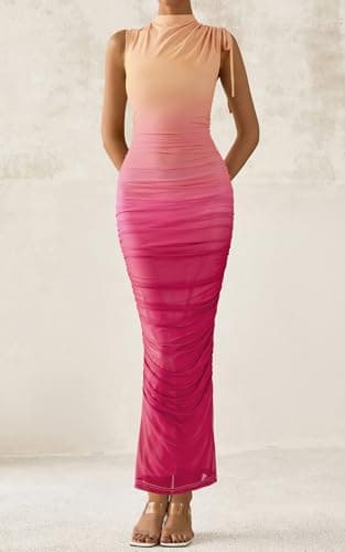 PRETTYGARDEN Women's 2025 Summer Maxi Floral Dresses Ruched Bodycon Sleeveless Mesh Formal Wedding Guest Cocktail Split Long Dress (Gradient Bean Paste,M) - Image 2