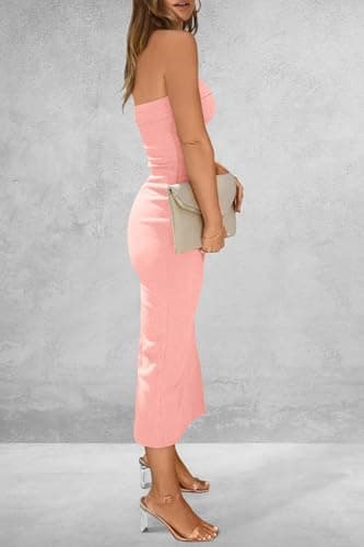 PRETTYGARDEN Women's Summer Bodycon Maxi Tube Dress Ribbed Strapless Side Slit Long Going Out Casual Elegant Party Dresses (Pink,Small) - Image 2