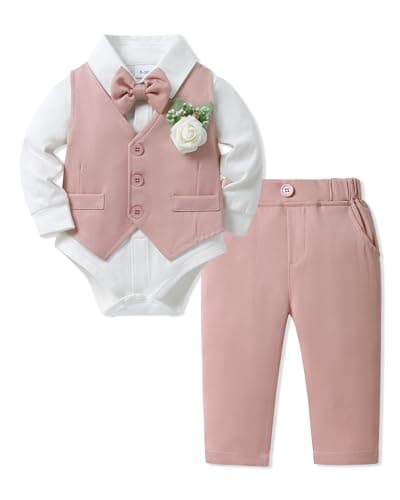 SANMIO Baby Boy Clothes Suits Infant Gentleman Outfit Collared Dress Shirt+Vest+Tie+Corsage+Pants 5Pcs Baby Suit Sets Pink - Image 1