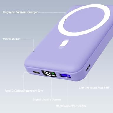 AOGUERBE Magnetic Power Bank, 10000mAh Foldable Wireless Portable Charger with USB-C Cable LED Display for iPhone 15/14/13/12 Pro/Pro Max/Plus/Mini (Violet) - Image 2