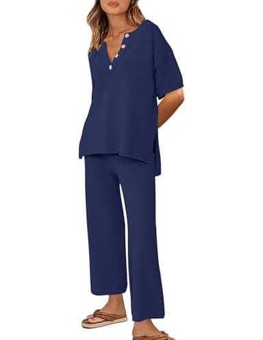 Ekouaer Womens Sweater Sets Oversized Chunky Knit Sweater Top Wide Leg Pants 2025 Trendy Clothes Chic Outfits Midnight Blue, S - Image 1