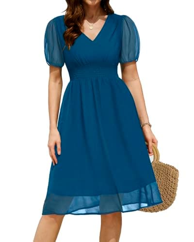 Holipick Women Summer Casual Dress Boho Floral V Neck Short Sleeves Smocked Waist Chiffon Swing Knee Length Dresses Teal - Image 1