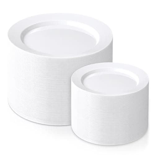 FLOWERCAT 200PCS White Plastic Plates Disposable Plates for Party - Heavy Duty Plastic Plates - 100 10" Dinner Plates and 100 7" Salad Plates for Weddings, Easter Parties and Events - Image 1