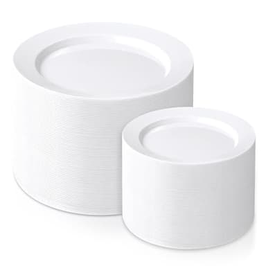 FLOWERCAT 200PCS White Plastic Plates Disposable Plates for Party - Heavy Duty Plastic Plates - 100 10" Dinner Plates and 100 7" Salad Plates for Weddings, Easter Parties and Events - Image 1